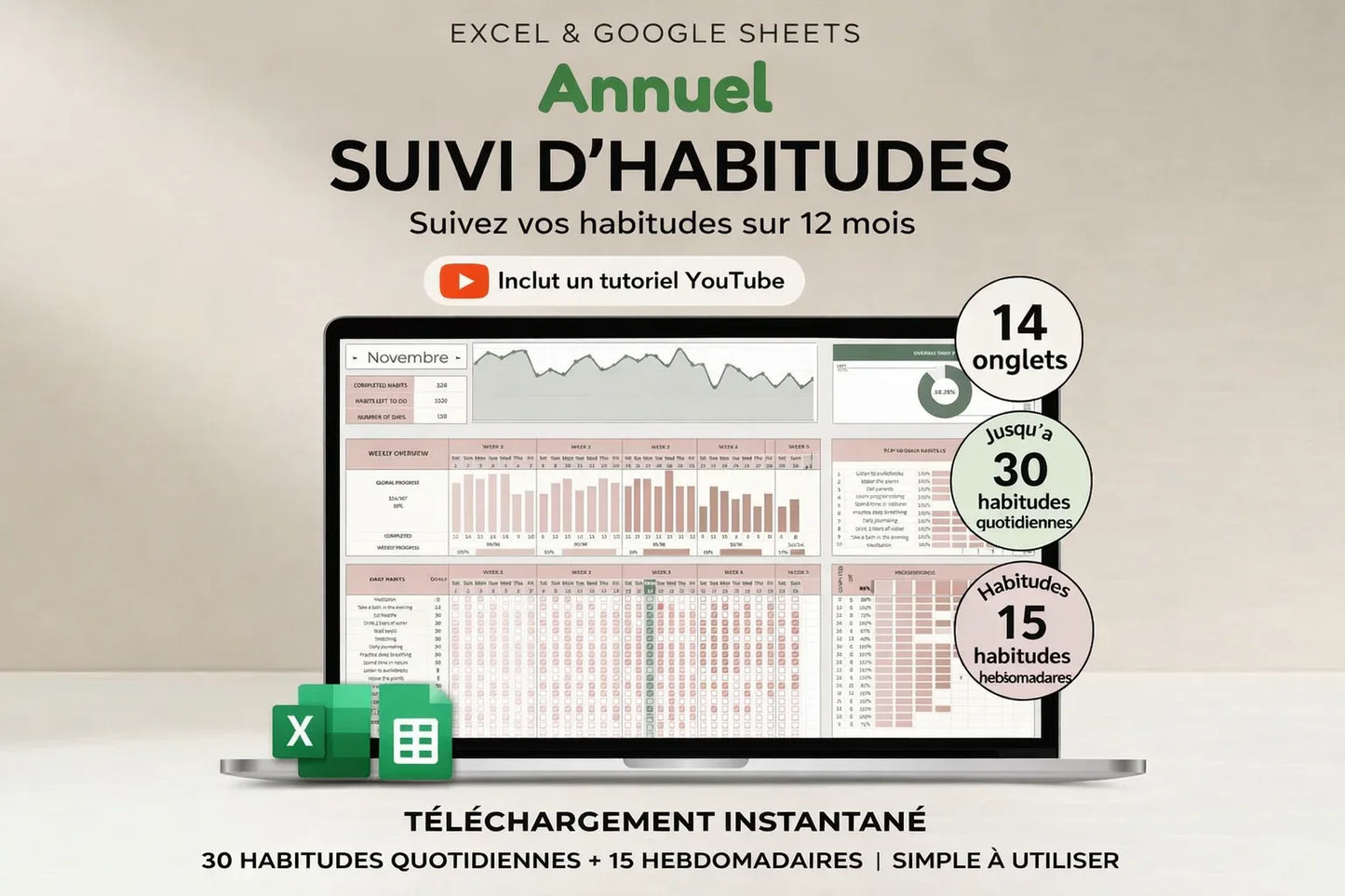 Tableau Excel et Google Sheets pour suivi annuel d'habitudes avec 30 quotidiens et 15 hebdomadaires