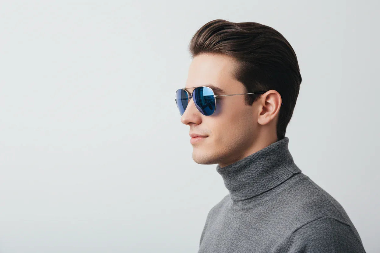 un-jeune-homme-de-profile-lunette-de-soleil-verre-bleu - Habit Farmer
